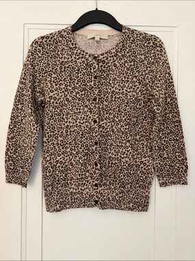 LOFT Leopard-Print Crewneck Cardigan — Beige and Black